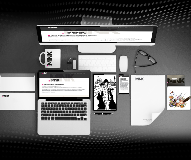 Fotocollage mit Markenauftritt, Briefpapier, Briefumschlag, Visitenkarten, Internetseite auf dem Rechner, Tasse mit Logo, Flyer, Mink Design, Branding, Köln