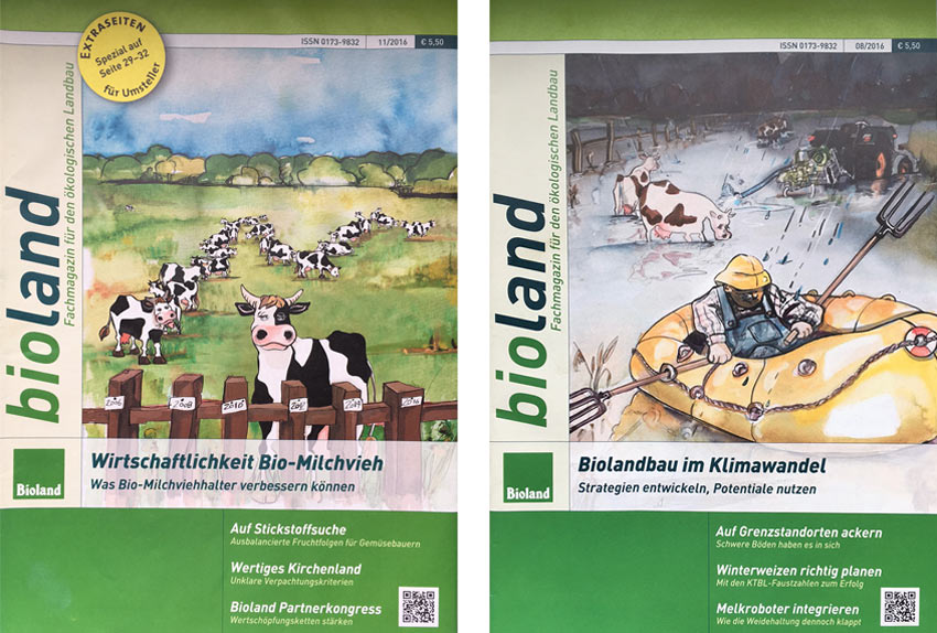 titelillustration bioland kühe auf gras, bauer im schlauchboot auf kuhwiese