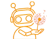 Bildbeschreibung Alles aus einer Hand: Ein kleiner niedlicher Avatar in Computerform als Icon in orangesfarbebener Outline und zwei Antennen auf dem Kopf. Der kleine Avatar hält eine Pusteblume un der hand von der pollen weg fliegn. Minkdesign -  Branding für Ihren alles aus einer Hand 