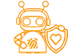 Bildbeschreibung Vertrauen schaffen: Ein kleiner niedlicher Avatar in Computerform als Icon in orangefarbebener Outline und zwei Antennen auf dem Kopf. Mit einem Schild mit einem Herzen drauf und einem id fingerprint auf dem Body. Minkdesign -  Branding für Ihren starken Markenauftritt 