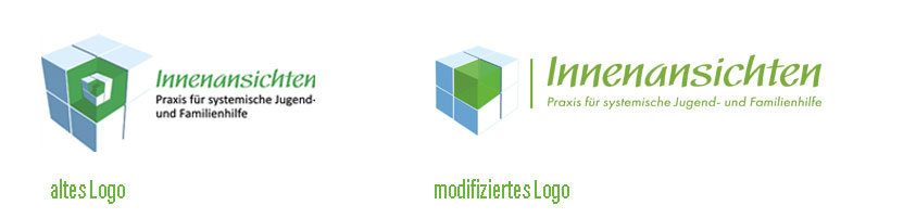 Das modifizierte Logo von Innenasichten, und die dazugehörige Visitenkarte. Printdesign Minka Seifert, Minkdesign, Köln/
