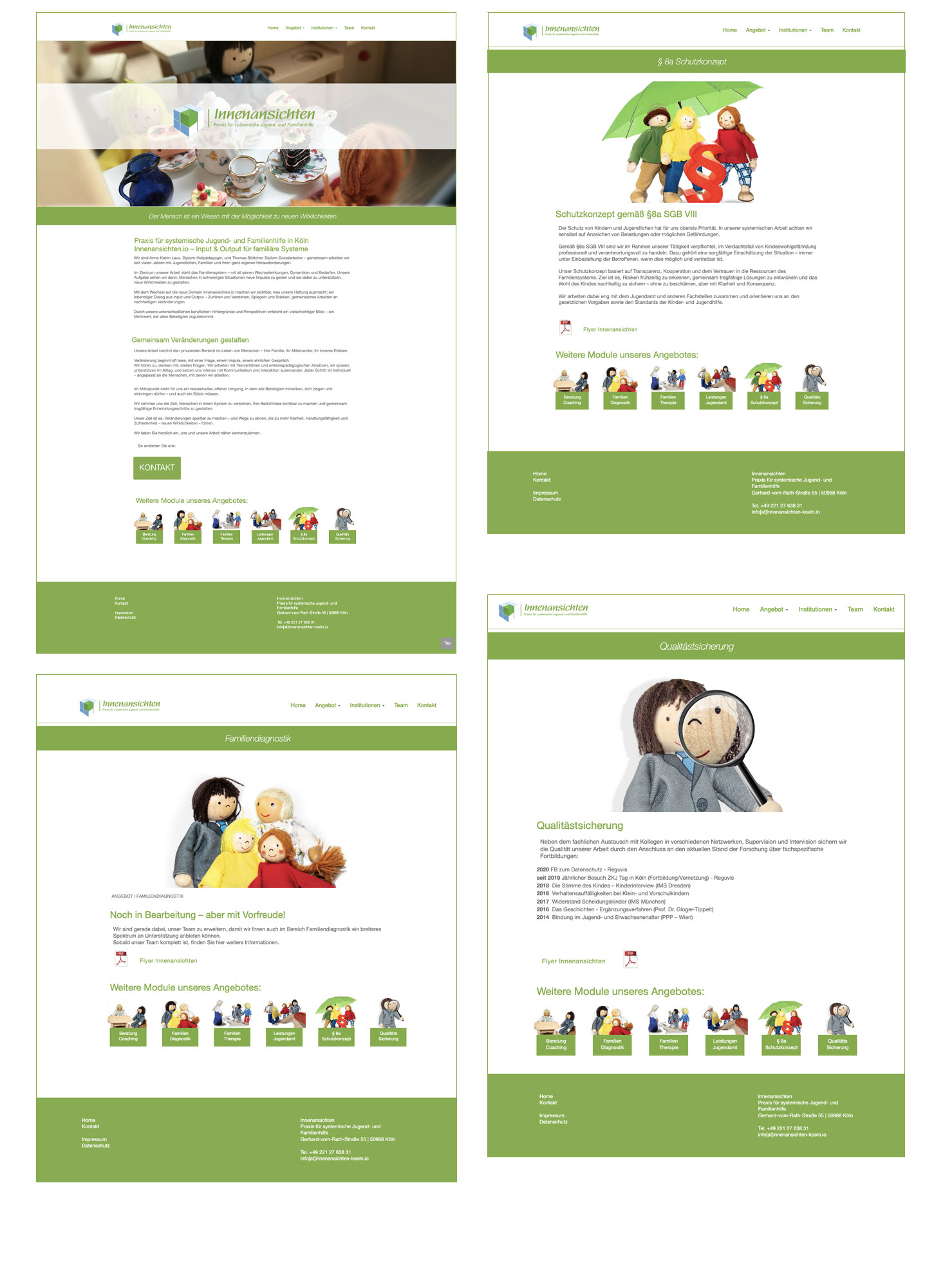 Beispielseiten der Kundin Frau Damm, in einem schwarz weißen Kacheldesign. Minkdesign, Webseiten und Print 